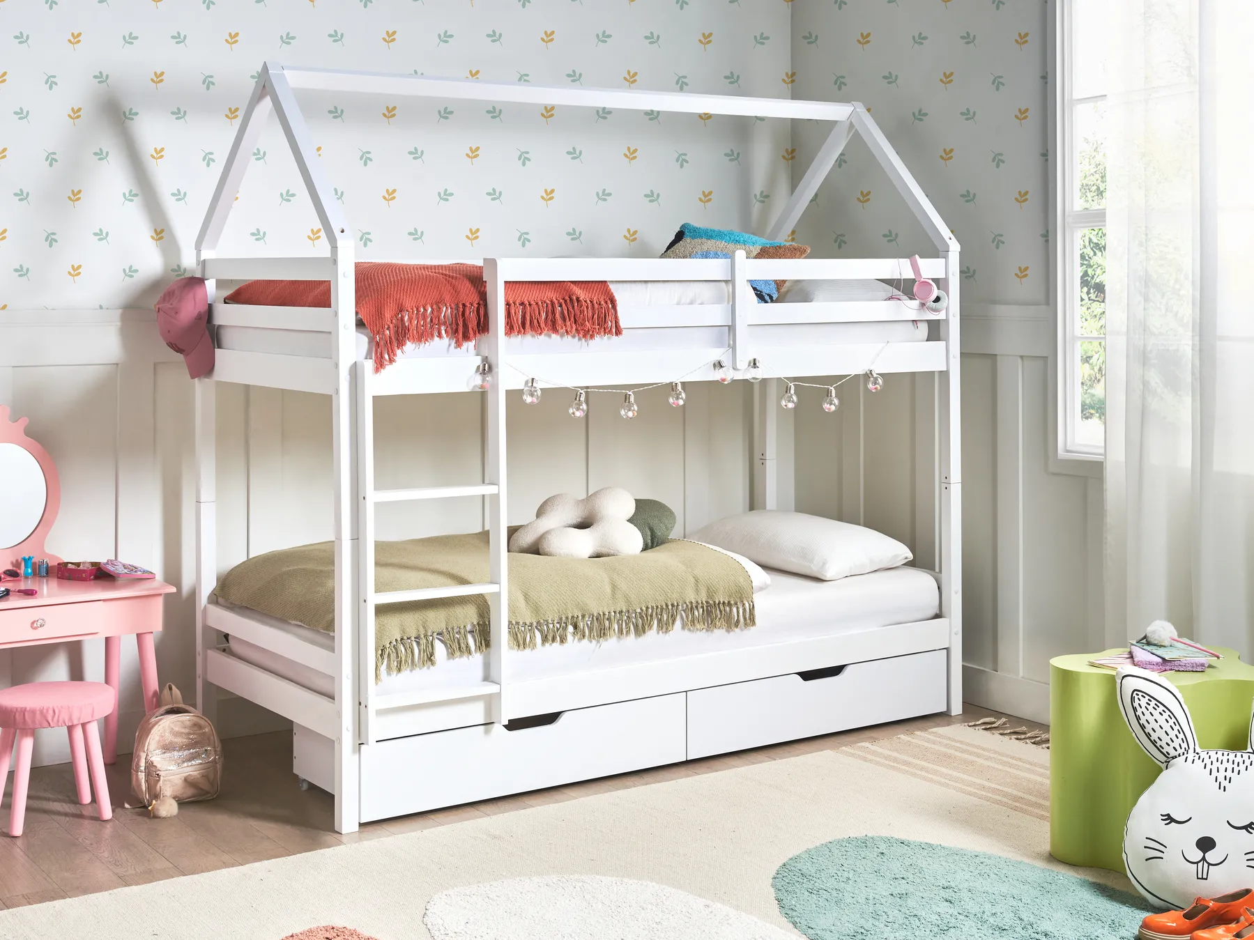 Hochbett mit Schubladen TERNAS Kiefernholz Weiß 90 x 200 cm mit Stauraum_988831