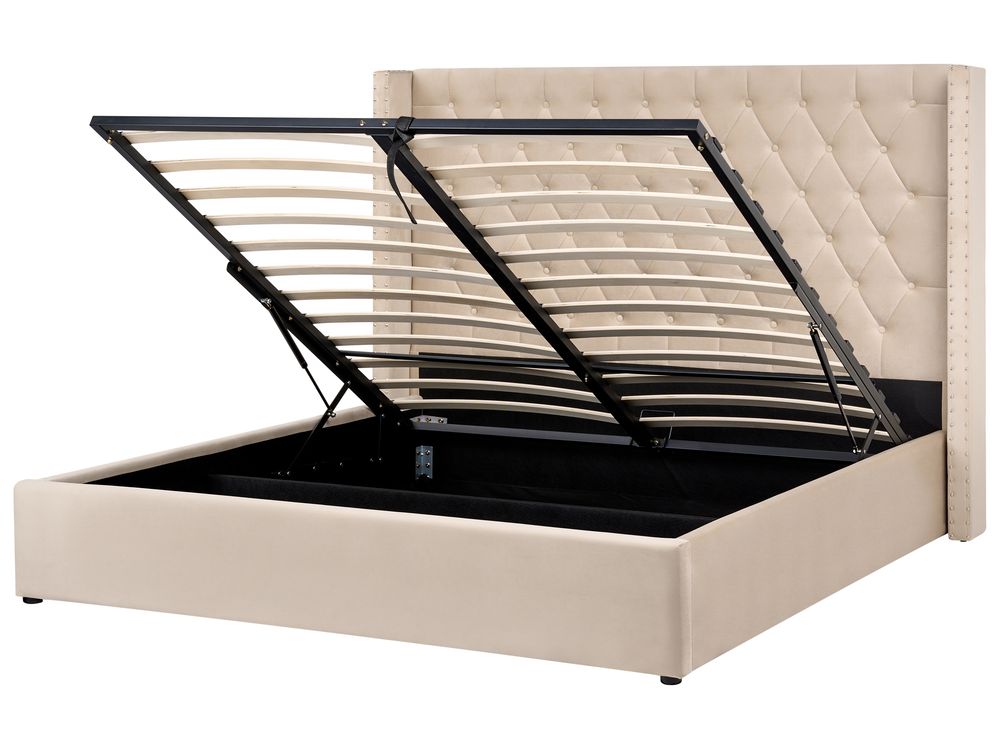 Ottoman Bed LUBBON Velvet Beige 180 x 200 cm (EU Super King)