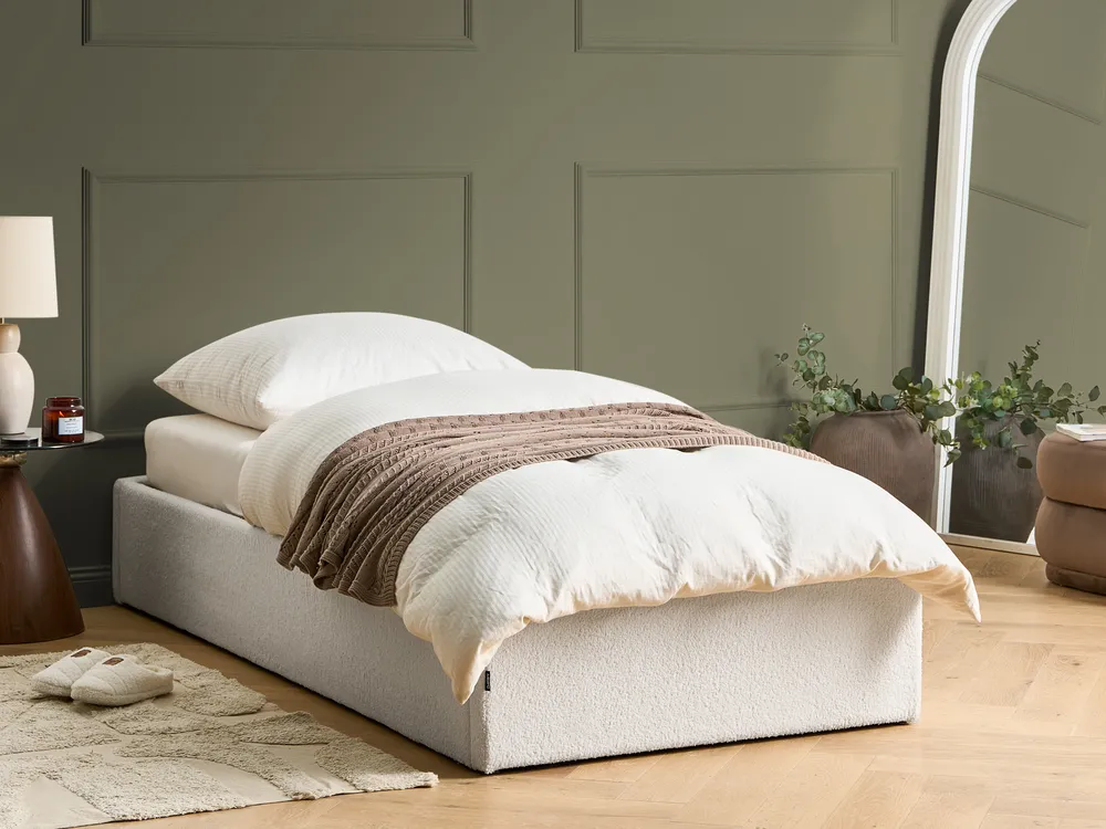 Bett mit Stauraum ohne Kopfteil DINAN Bouclé Cremeweiß 90 x 200 cm