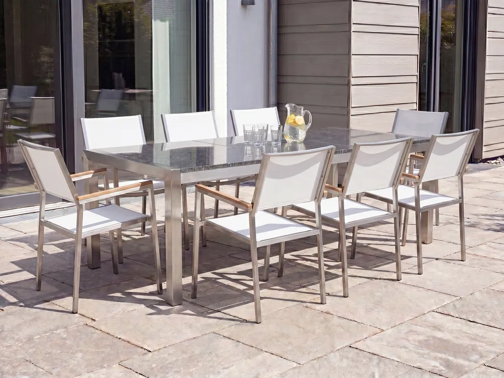 Garden Dining Set 8 Seater GROSSETO Triple Plate Granite Polished Grey/ White