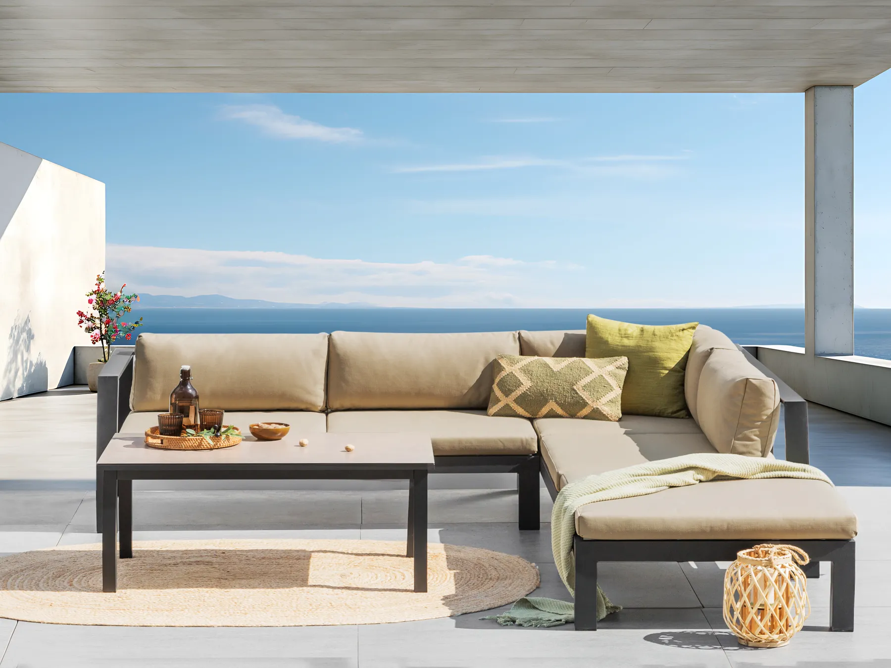 Garten Ecksofa mit Tisch 5-Sitzer MESSINA Metall Sandbeige linksseitig_932139