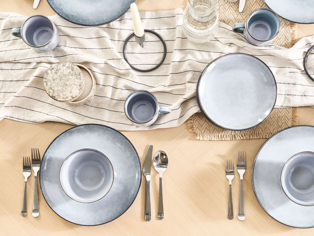 Set of 16 Dinnerware JUNIPER Stoneware Light Blue
