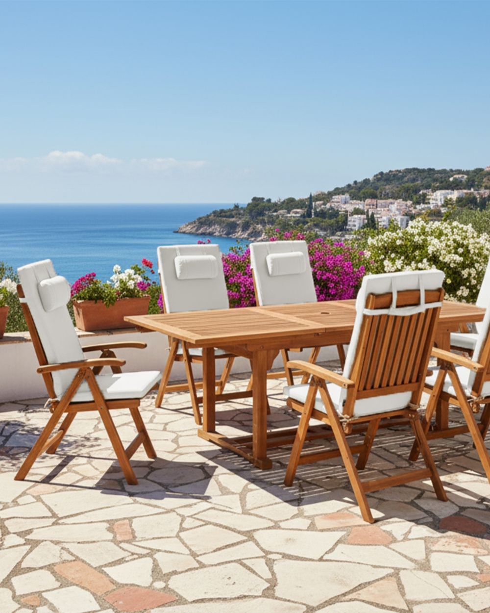 Set of 6 Garden Chairs with Cushions JAVA PREMIUM Acacia Wood Off-White