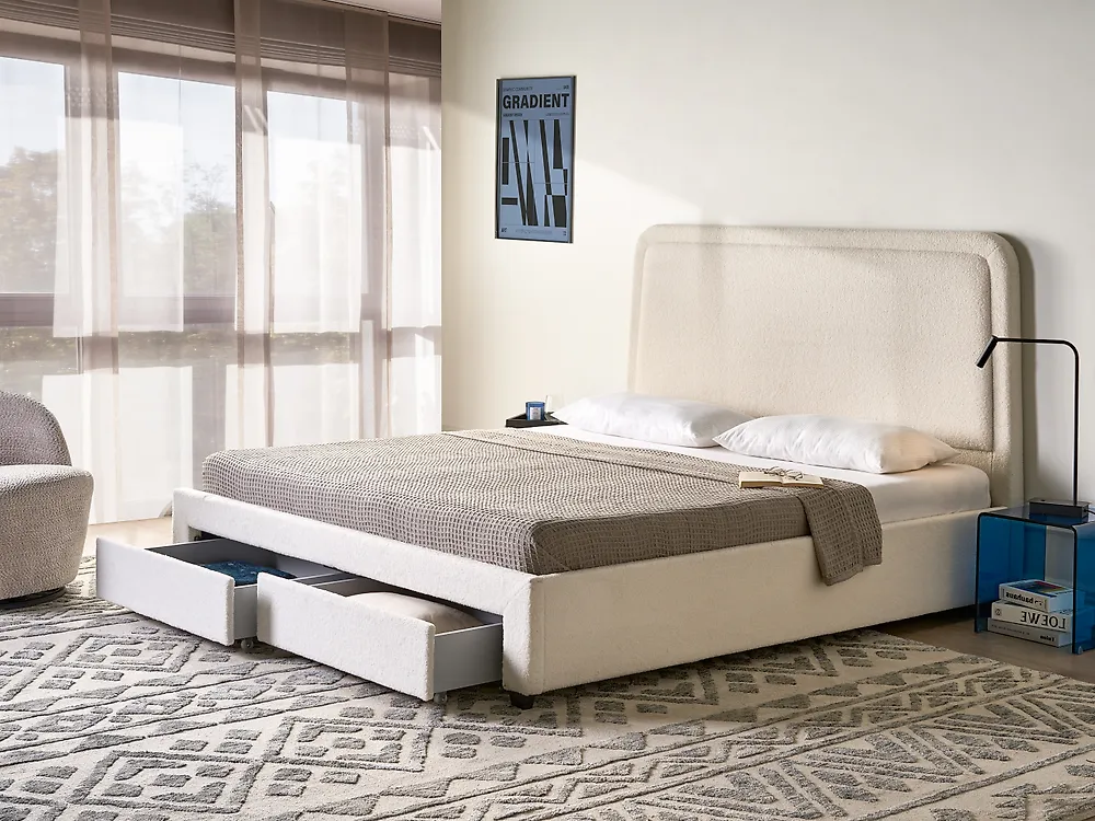 Bed with Storage Drawers SARDENT Boucle Off-White 180 x 200 cm (EU Super King)_1171498