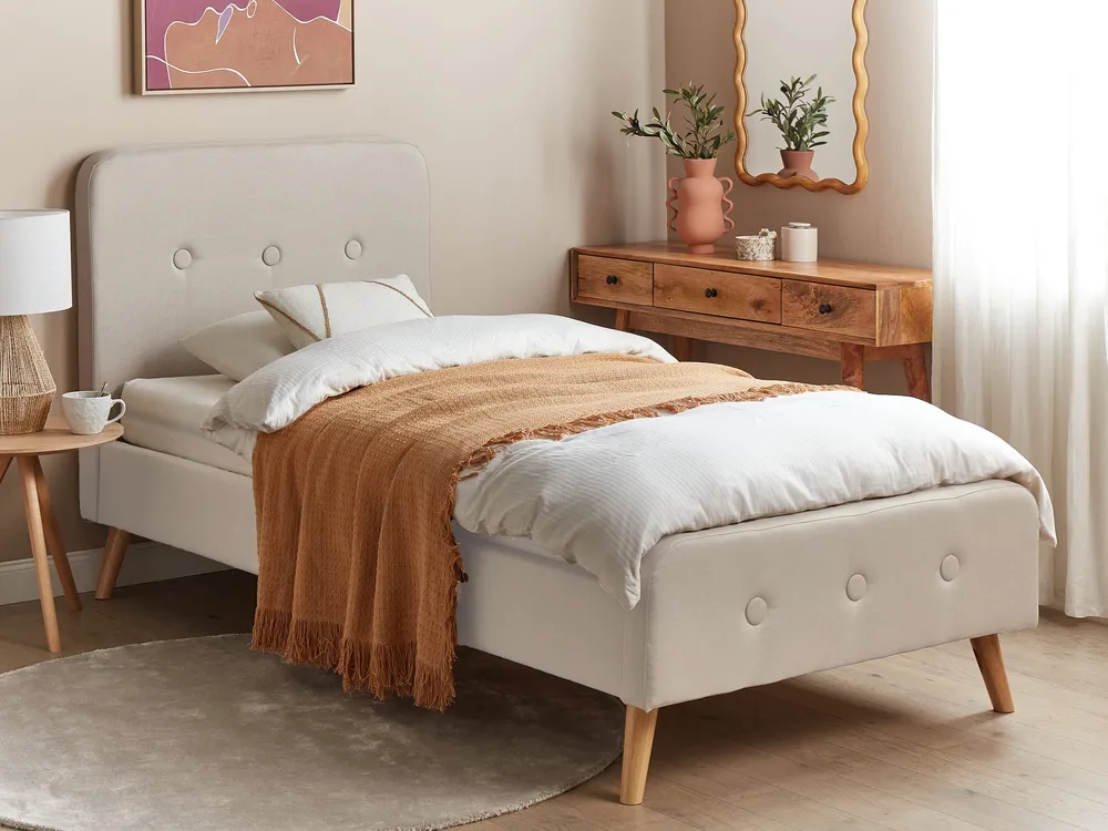 Bett mit Lattenrost Kunstleinen RENNES 90 x 200 cm Hellbeige