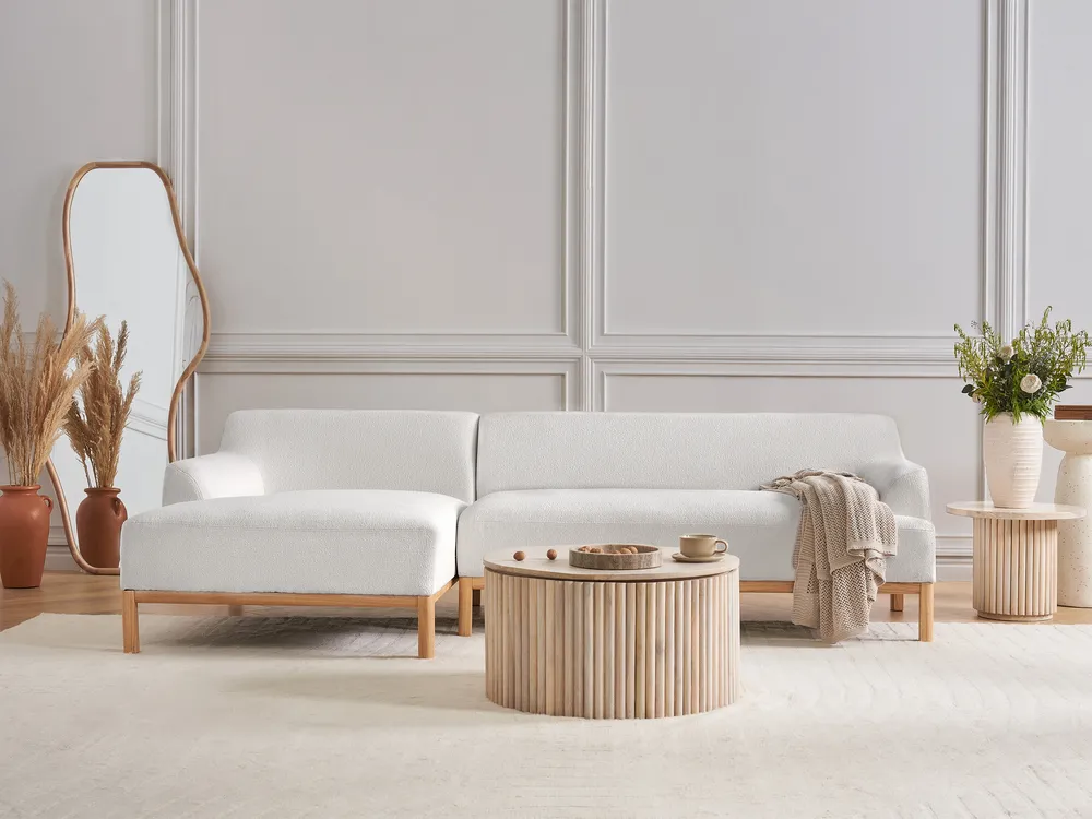 Ecksofa 3-Sitzer SOSJO Bouclé Cremeweiß rechtsseitig