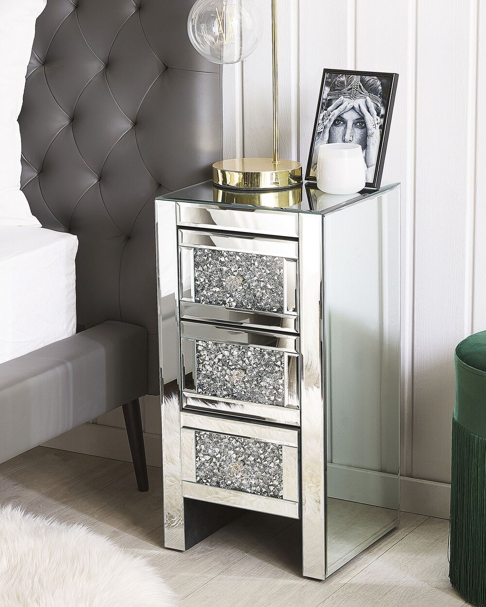 3 Drawer Bedside Table LORAY Glass Mirrored Silver