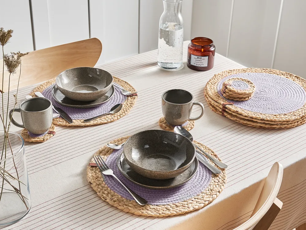 Tischset mit Untersetzern 12-teilig ROSELLA Jute Baumwolle Grau