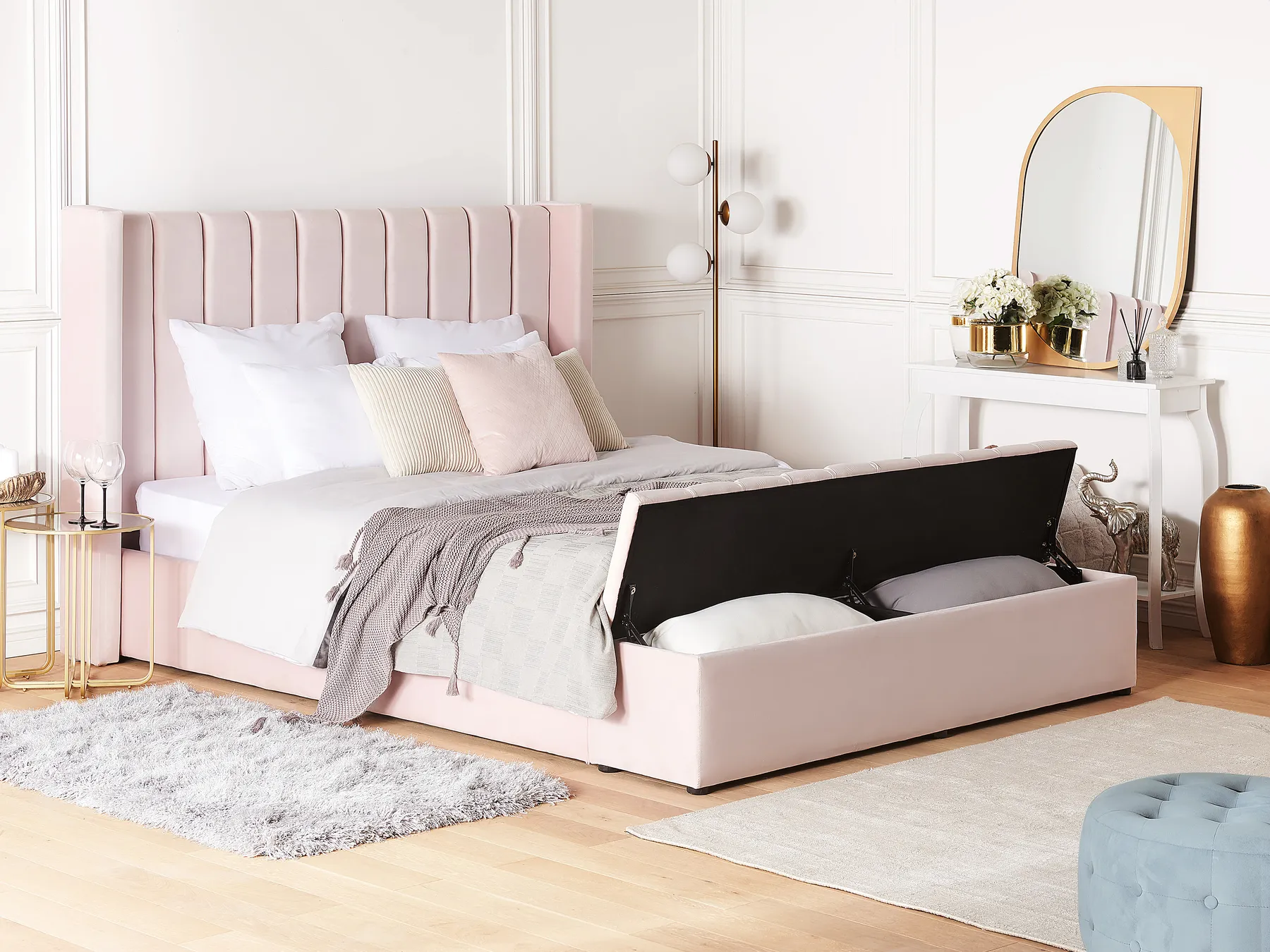Wasserbett mit Stauraumbank NOYERS Samtstoff Pastellrosa 160 x 200 cm_915108