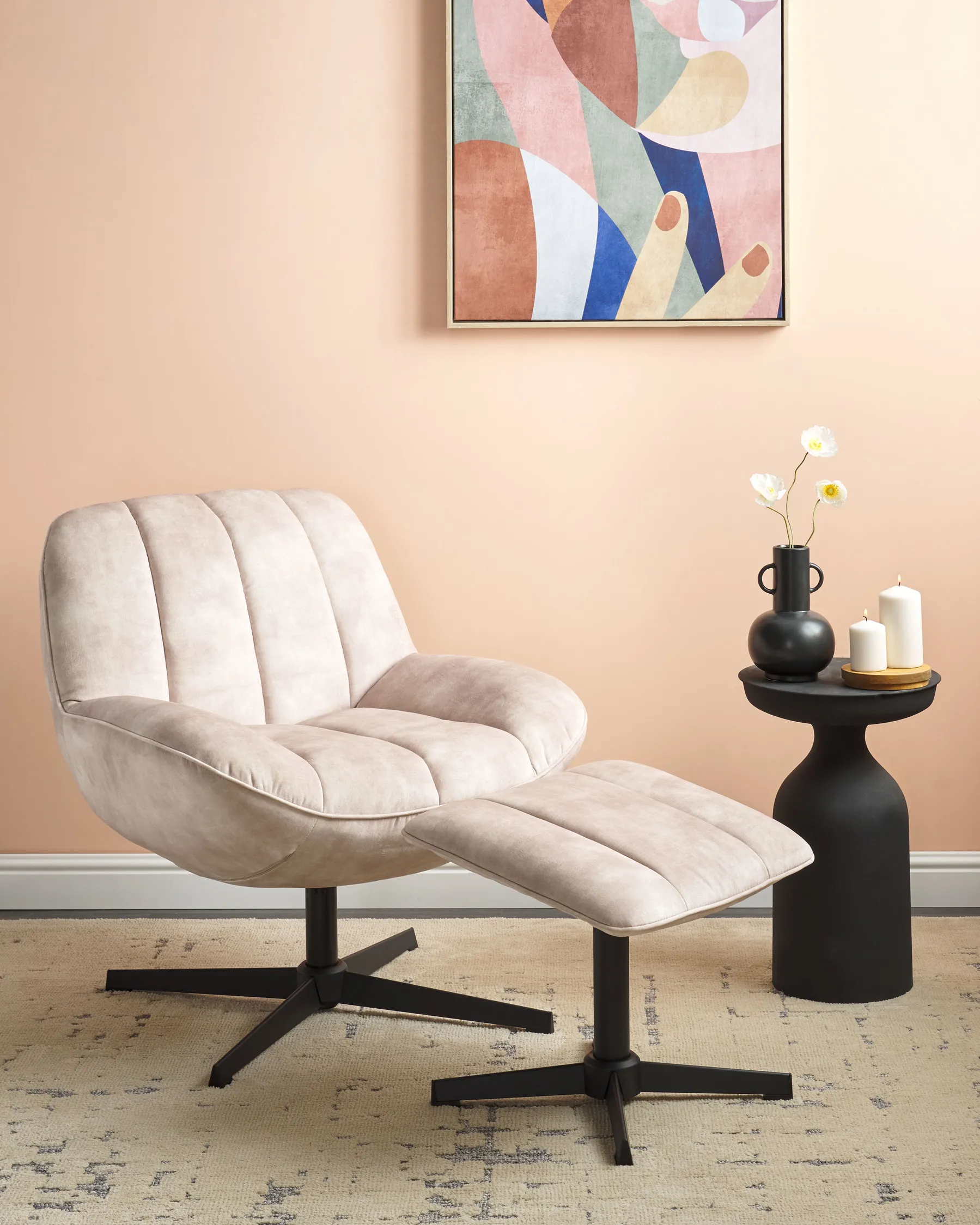 Swivel Armchair LIA with Footstool Velvet Beige_923509