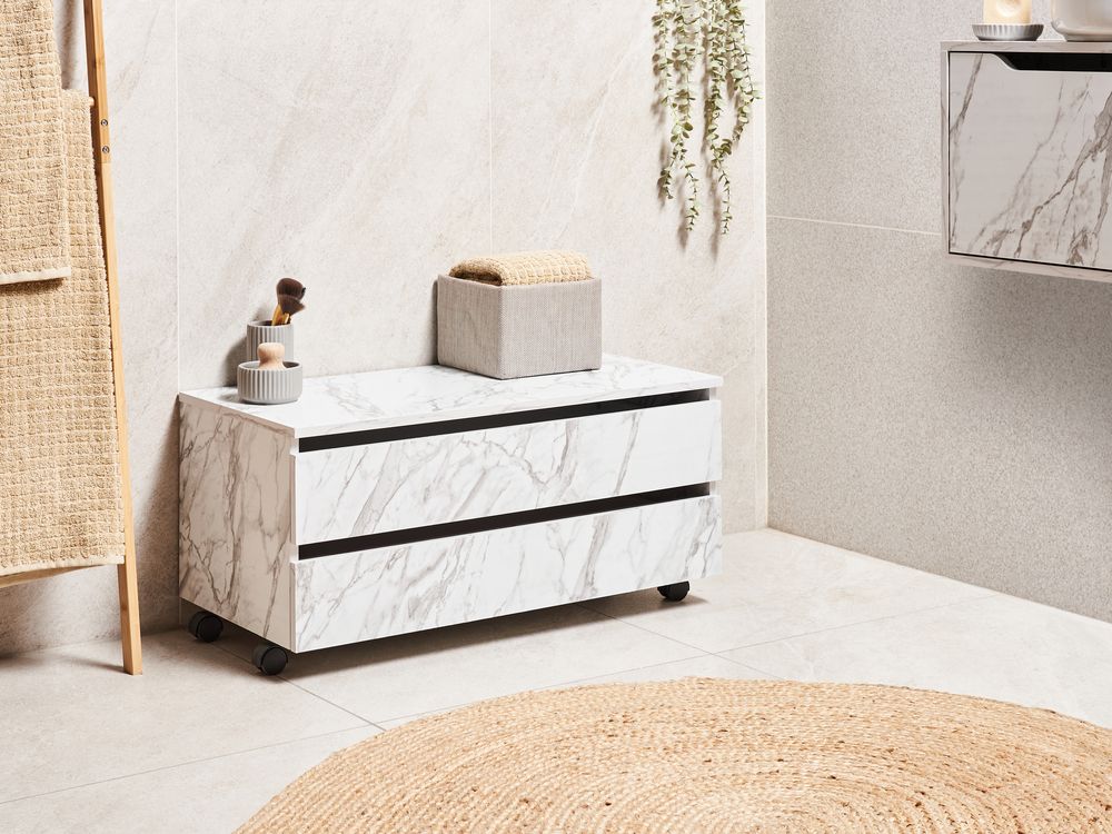 Badezimmerschrank TERESINA mit Rädern 80 cm Weißer Marmor