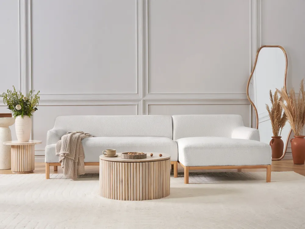 Ecksofa 3-Sitzer SOSJO Bouclé Cremeweiß linksseitig
