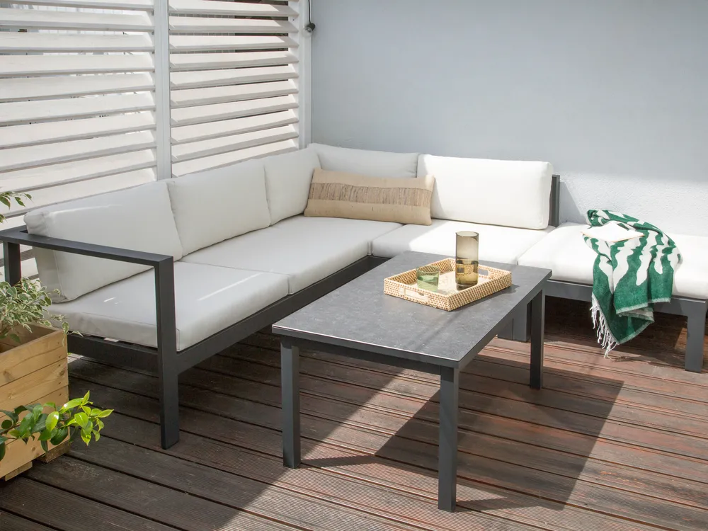 Garten Ecksofa mit Tisch 5-Sitzer MESSINA Metall Cremeweiß linksseitig