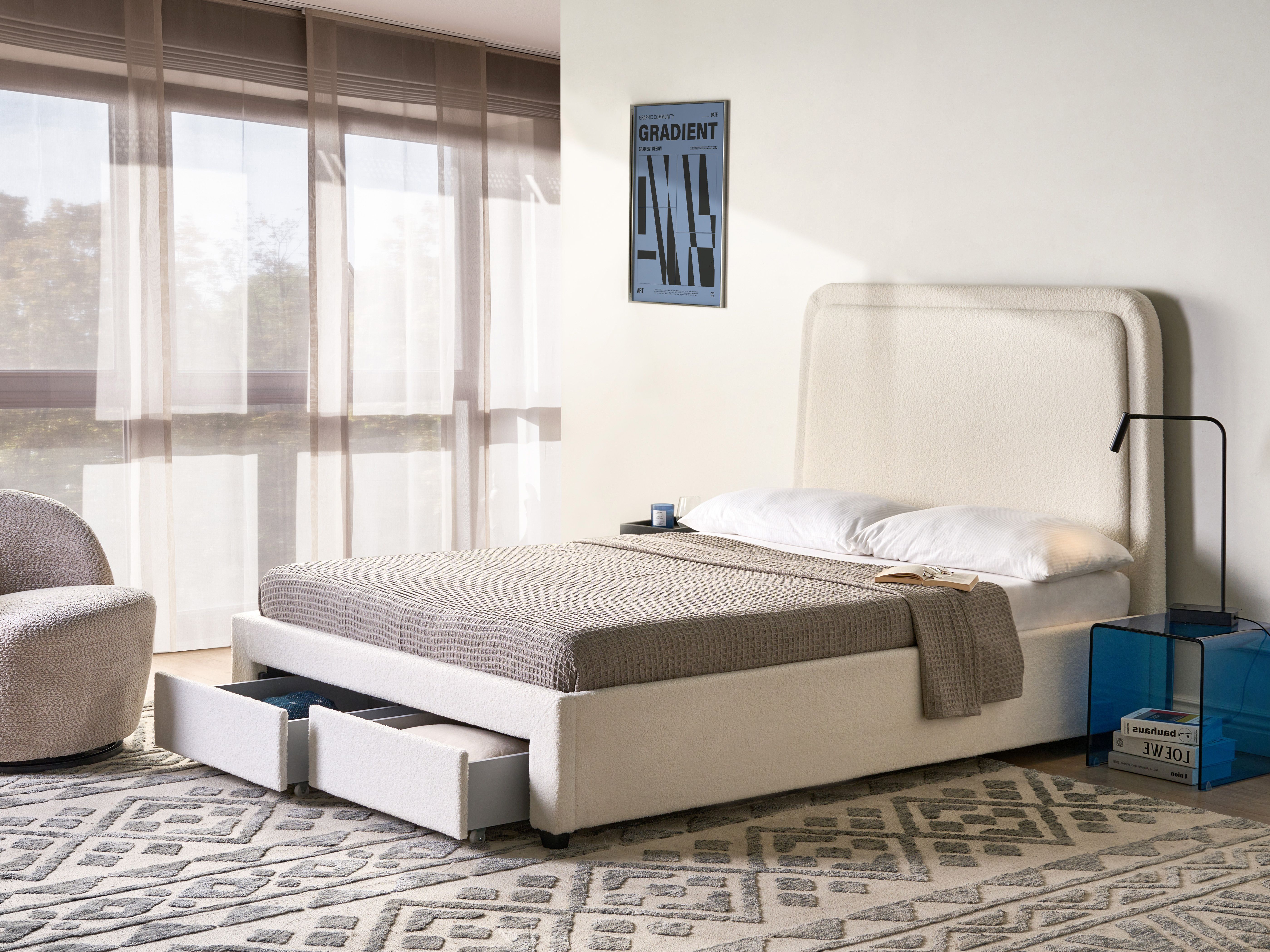 Bed with Storage Drawers SARDENT Boucle Off-White 140 x 200 cm (EU Double)_1175198