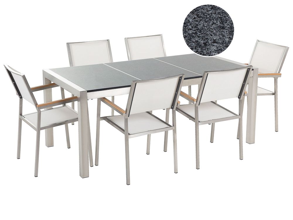 Garden Dining Set 6 Seater GROSSETO Triple Plate Granite Polished Grey/ White