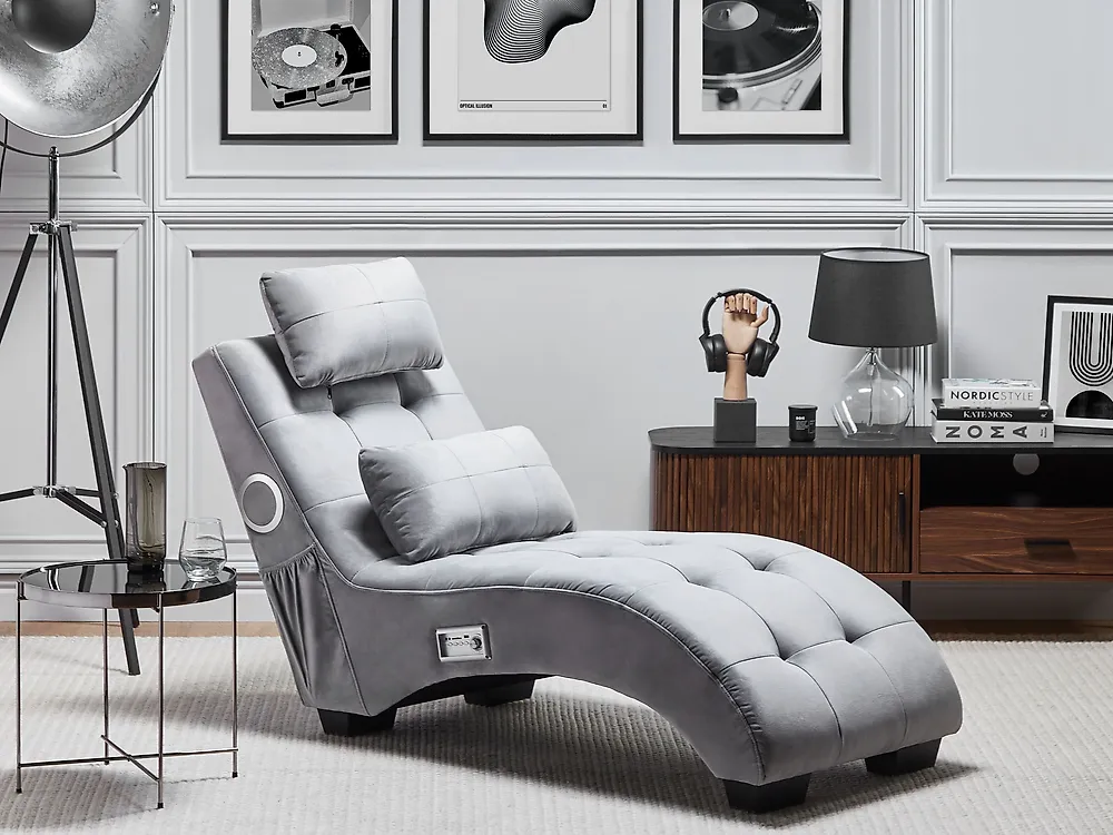 Chaiselongue SIMORRE mit Bluetooth-Lautsprecher Samtstoff Grau_1179690