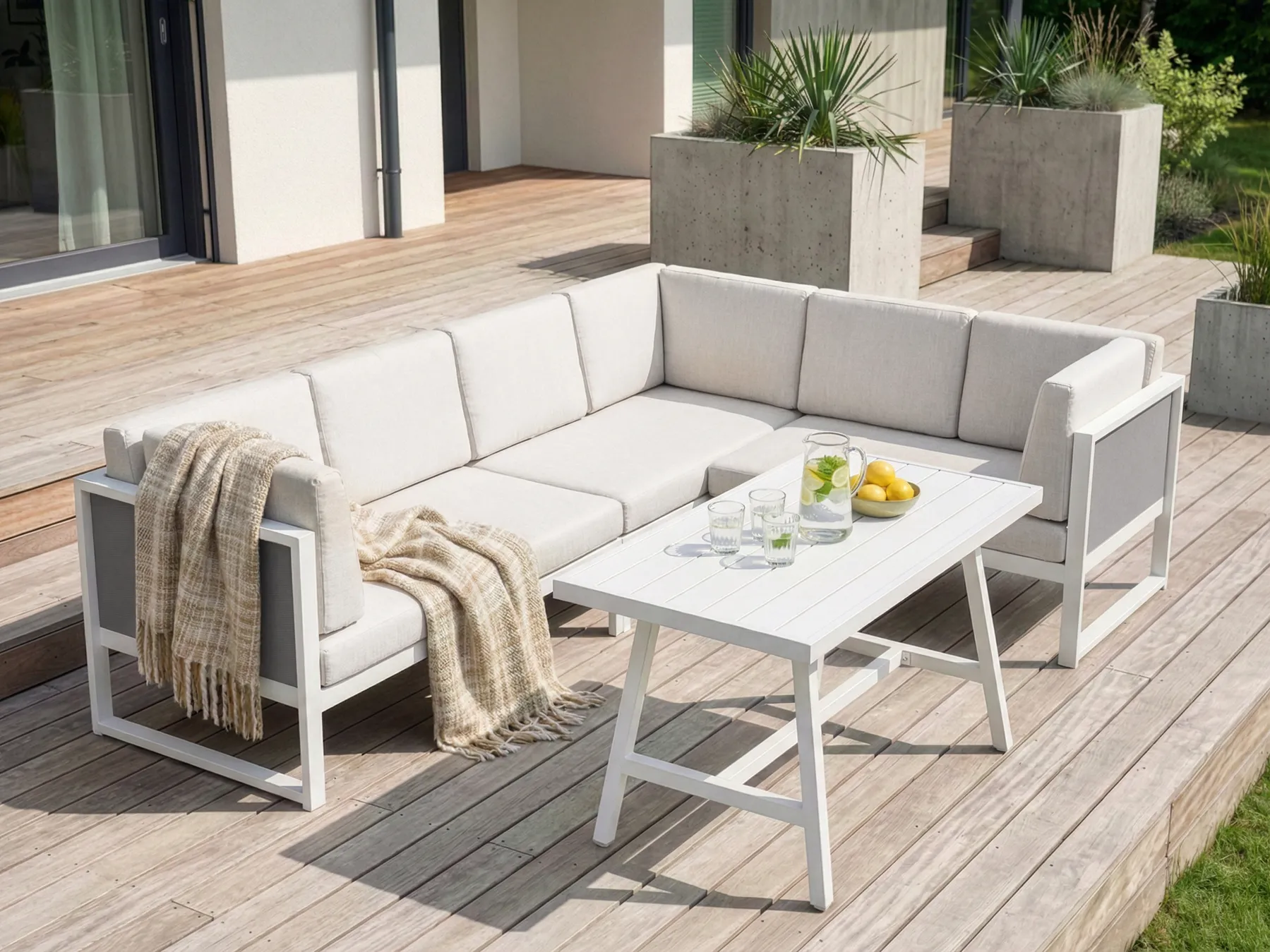 Garten Ecksofa mit Tisch 6-Sitzer CASTELLA/FRATTE Metall Cremeweiß linksseitig_932047