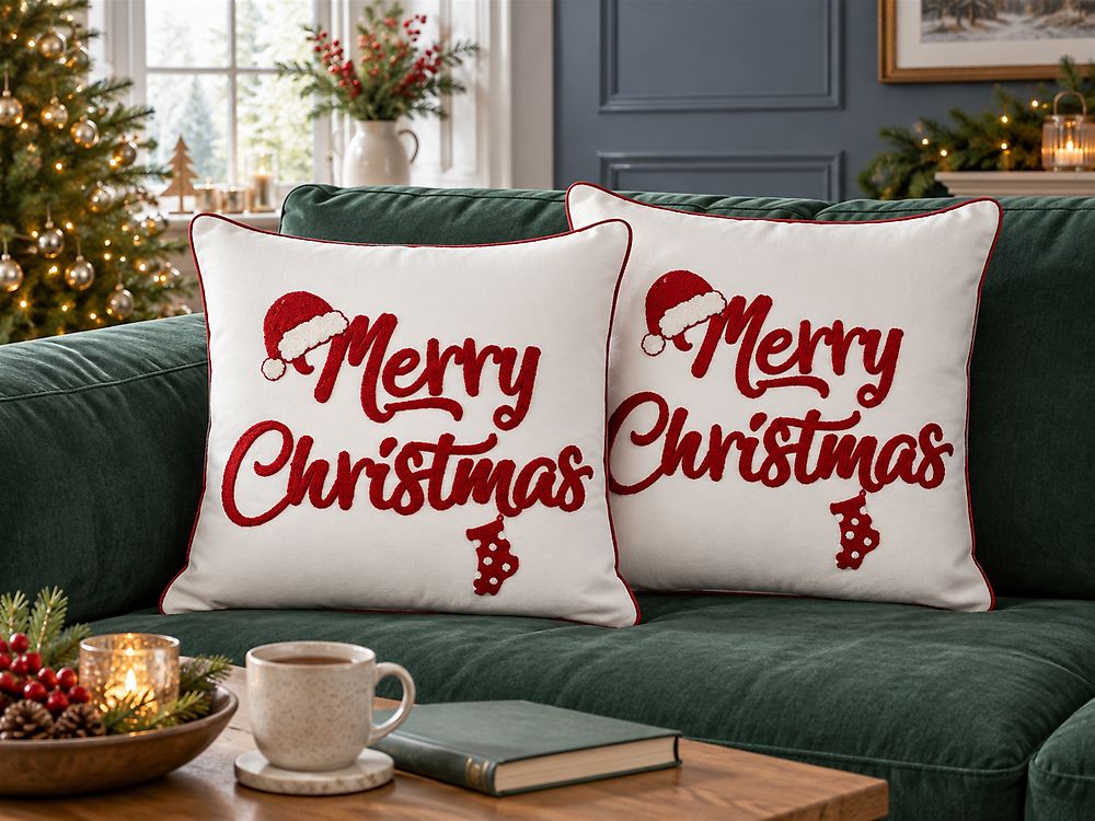 Set of 2 Decorative Cushions PIZZELLE 45 x 45 cm Cotton Off-White Christmas Motif
