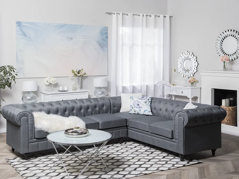 Ecksofa 6-Sitzer CHESTERFIELD Stoff Grau linksseitig