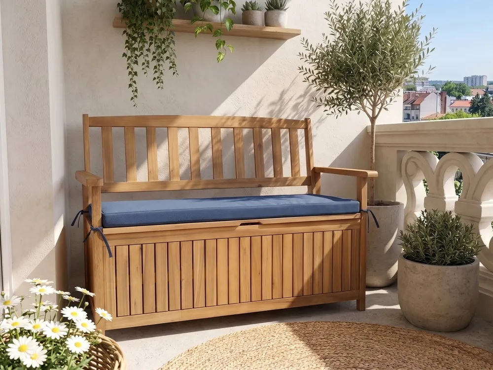 Gartenbank mit Auflage SOVANA 120 cm mit Stauraum Akazienholz Blau