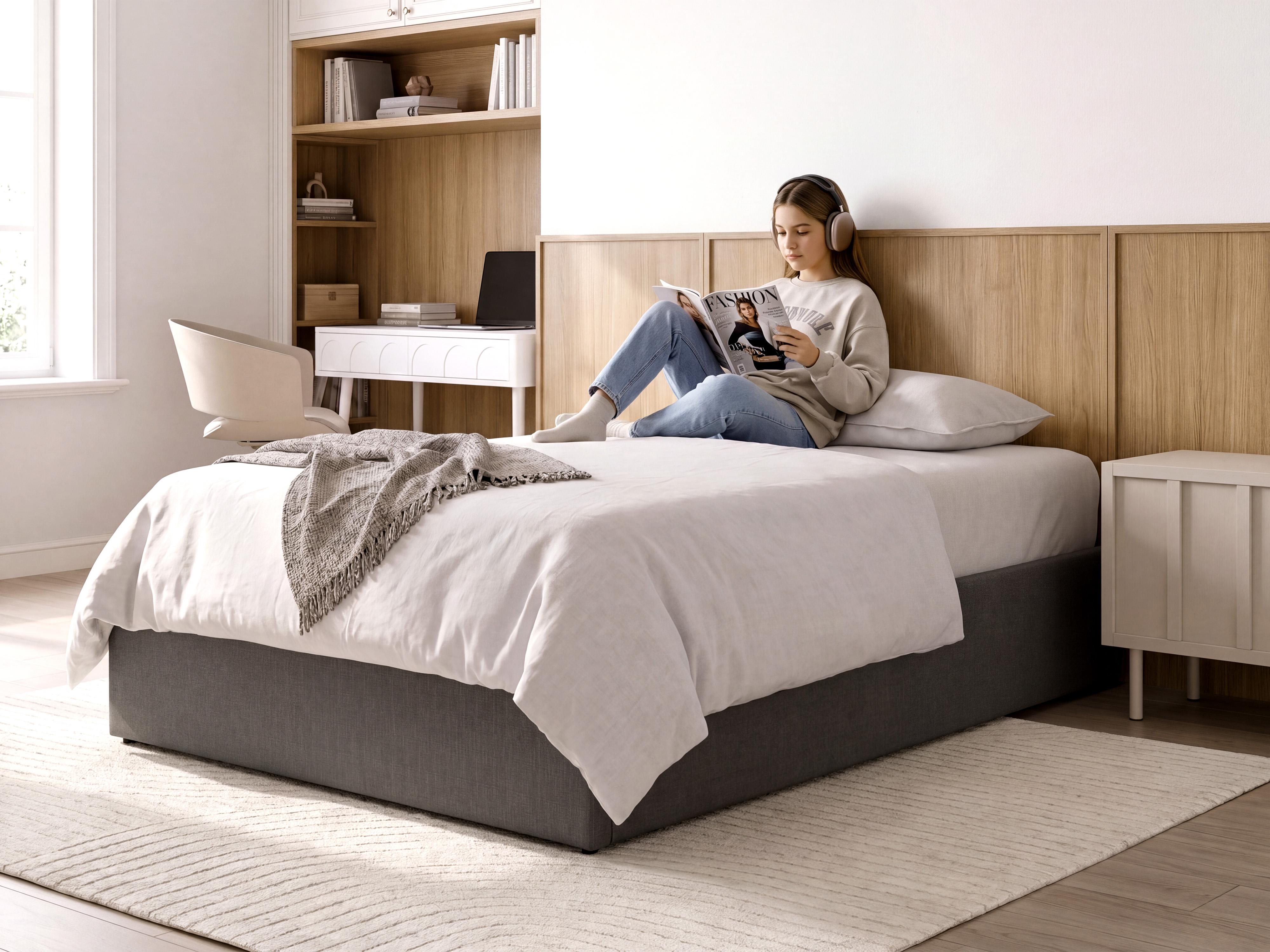 Ottoman Bed without Headboard DINAN Fabric Dark Grey 120 x 200 cm (EU Small Double)_1187442