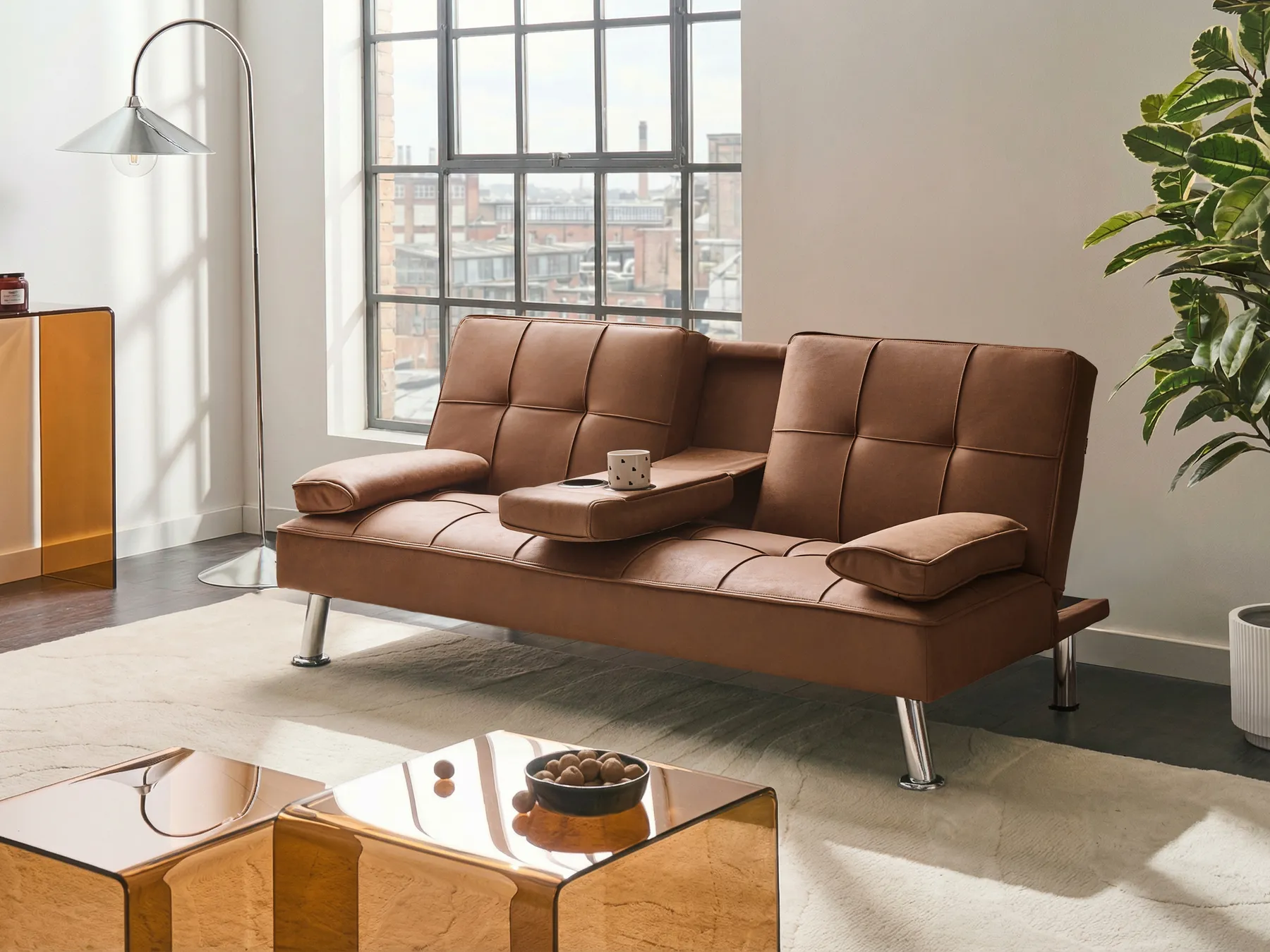 Sofa Bed 3 Seater ROXEN Faux Leather Golden Brown_1044113