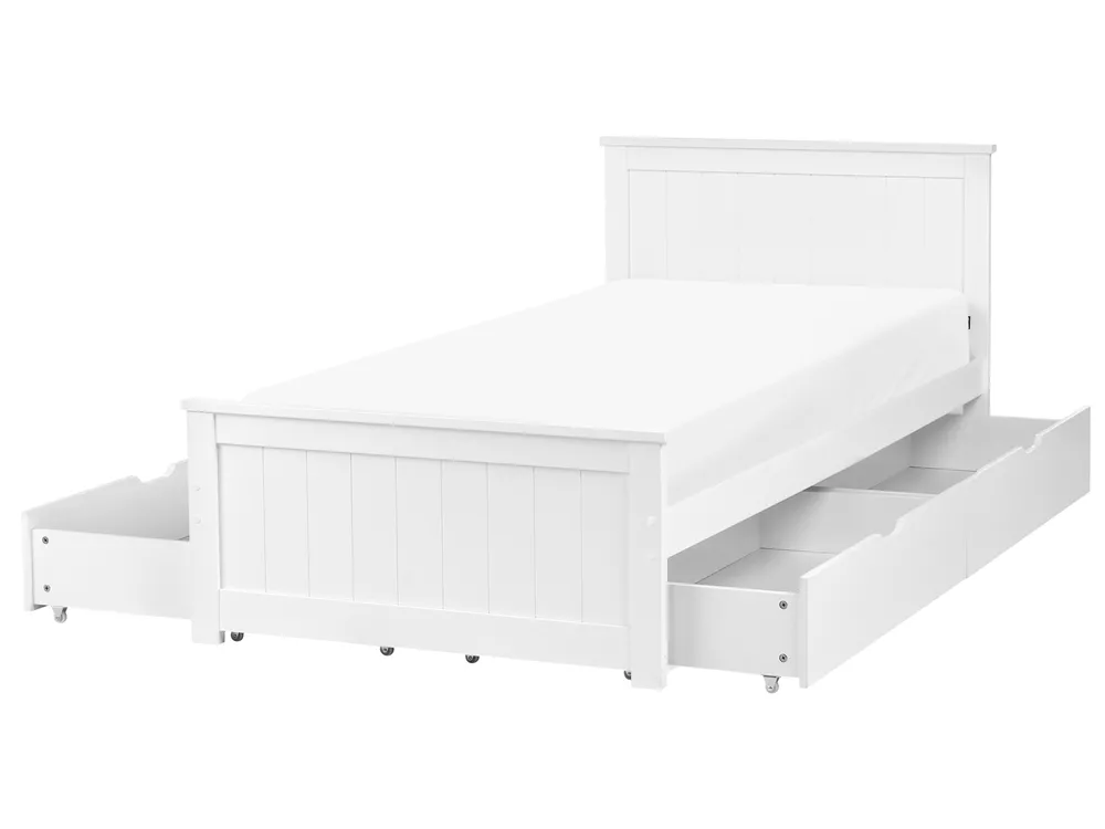 Bett mit 4 Schubladen SABRAN Kiefernholz Weiß 90 x 200 cm