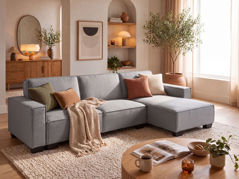 Corner Sofa Bed 3 Seater ROMEDAL Fabric Light Grey Left Hand