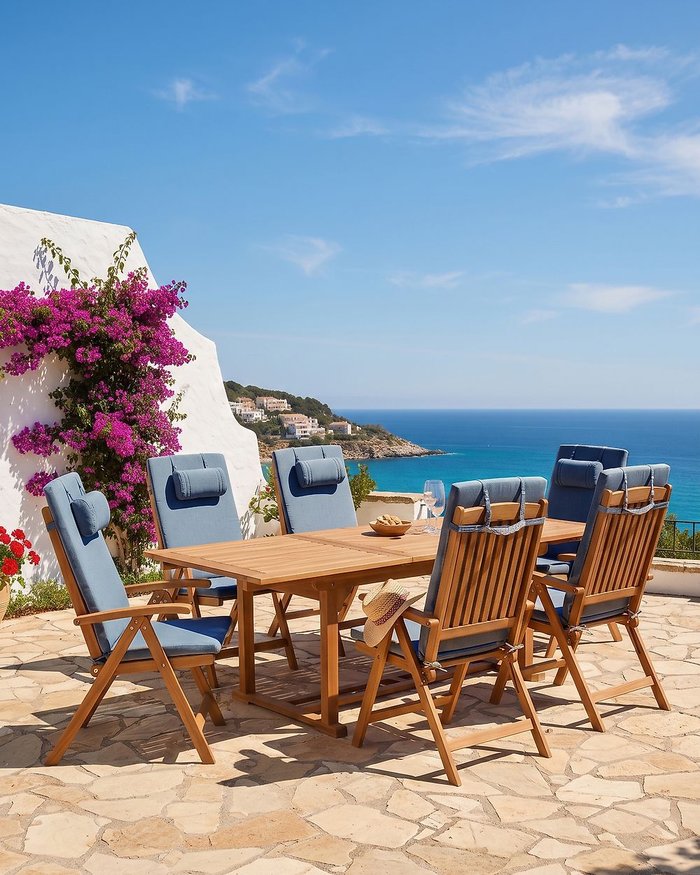 Set of 6 Garden Chairs with Cushions JAVA PREMIUM Acacia Wood Blue