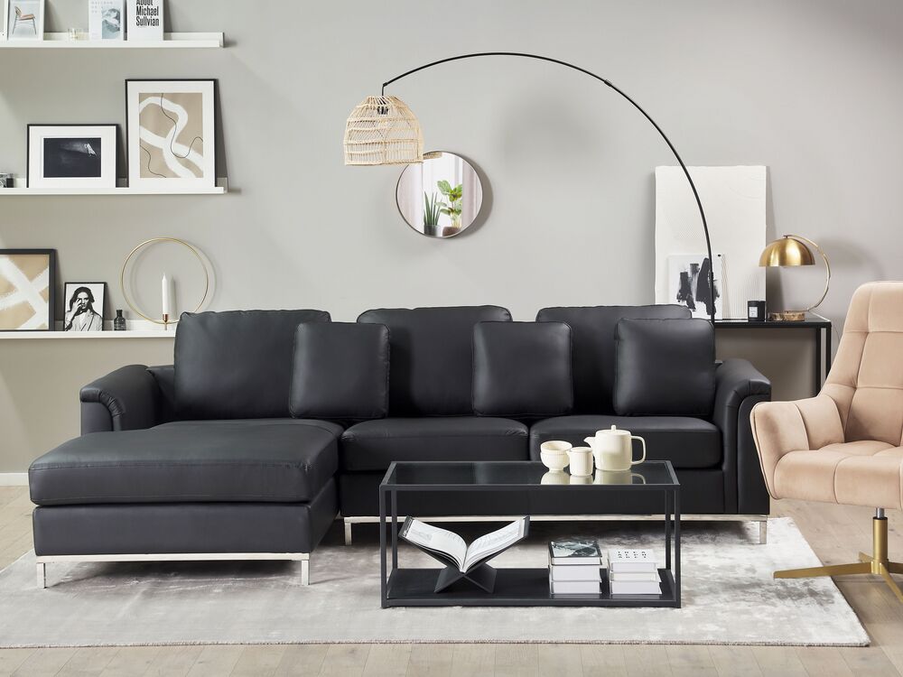 Corner Sofa 4 Seater OSLO with Ottoman Leather Black Right Hand