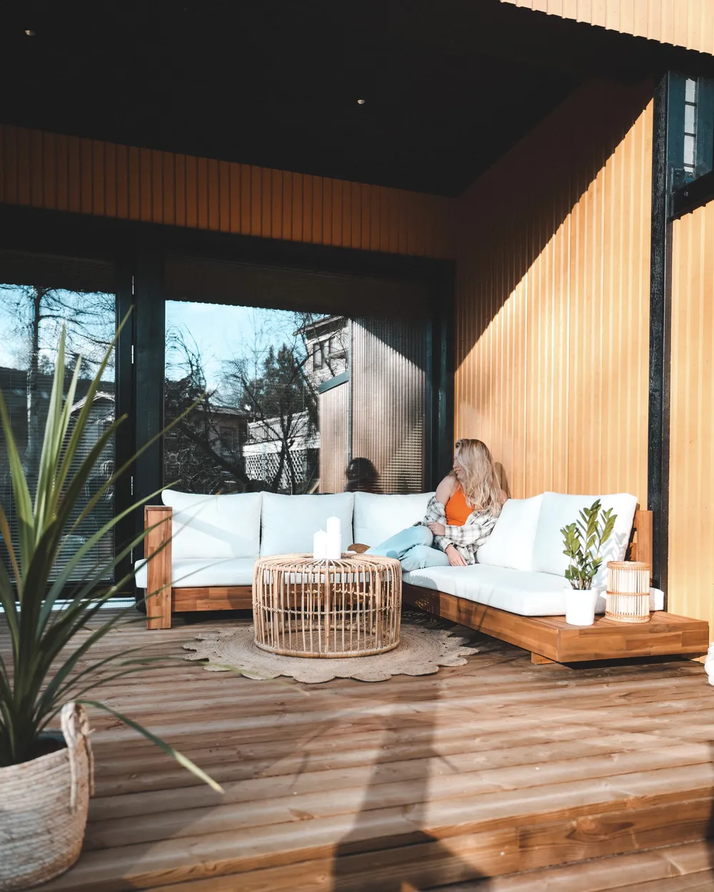 Garten Ecksofa 5-Sitzer MARETTIMO zertifiziertes Akazienholz Cremeweiß rechtsseitig_863658