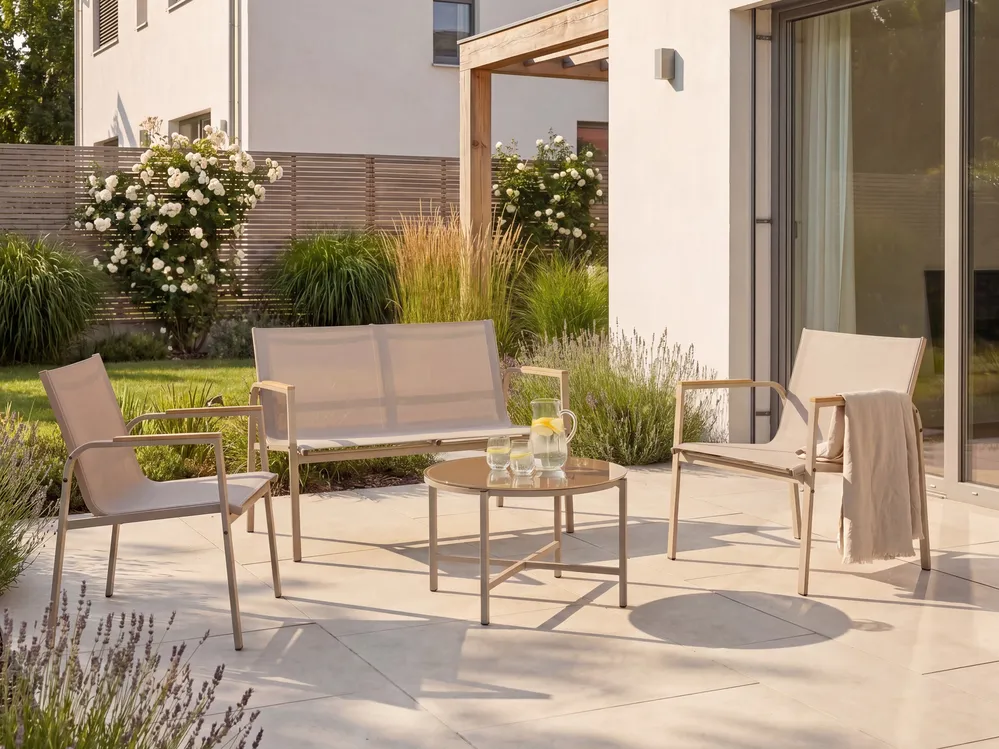 Lounge Set mit Tisch 4-Sitzer LEDRO Metall Beige