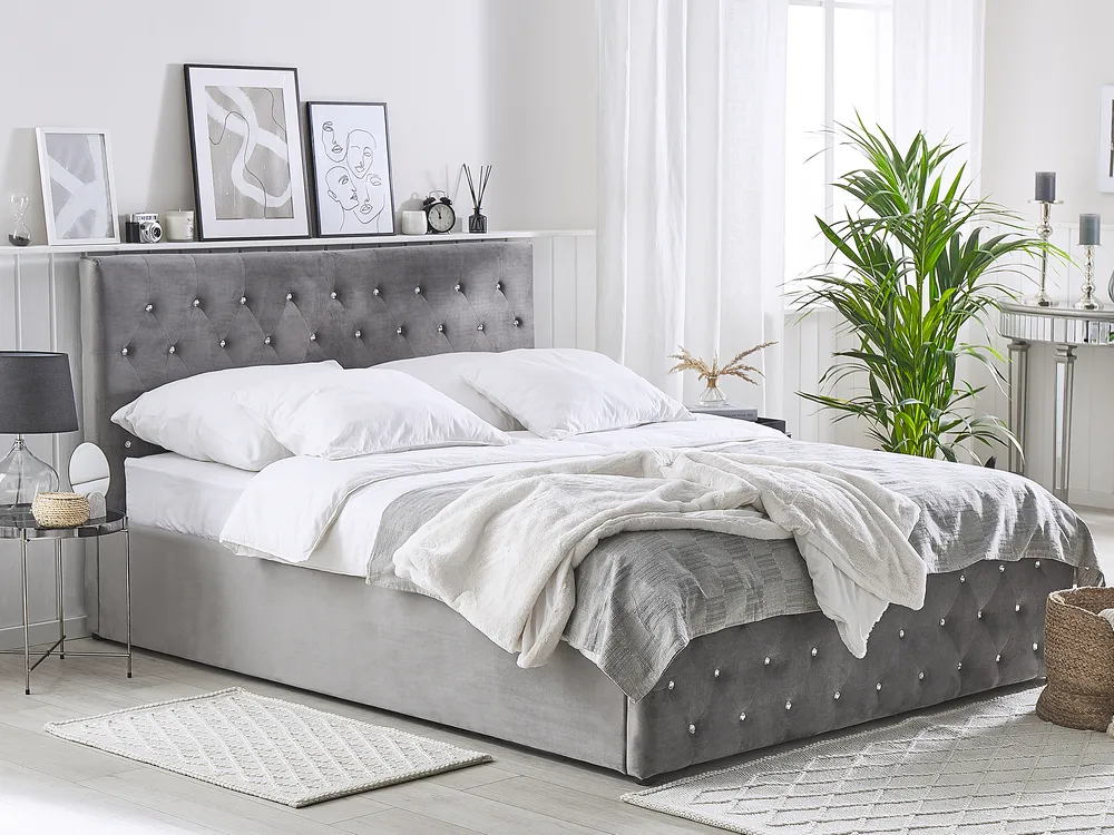 Bett mit Stauraum AMIENS Samtstoff Grau 180 x 200 cm