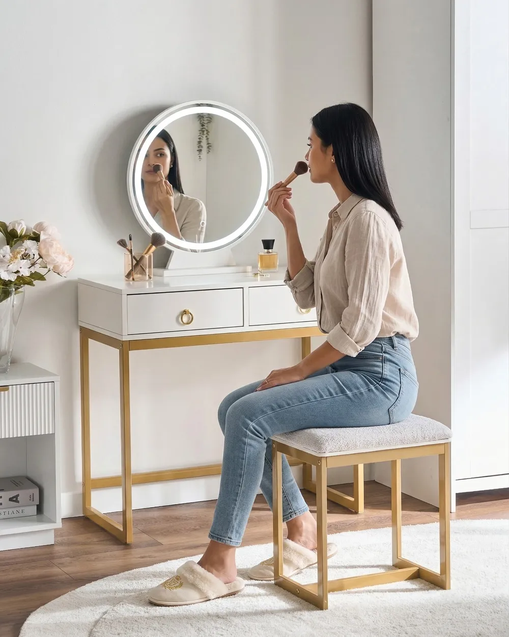 Dressing Table with Mirror and Stool AUXON LED White - Beliani.nl