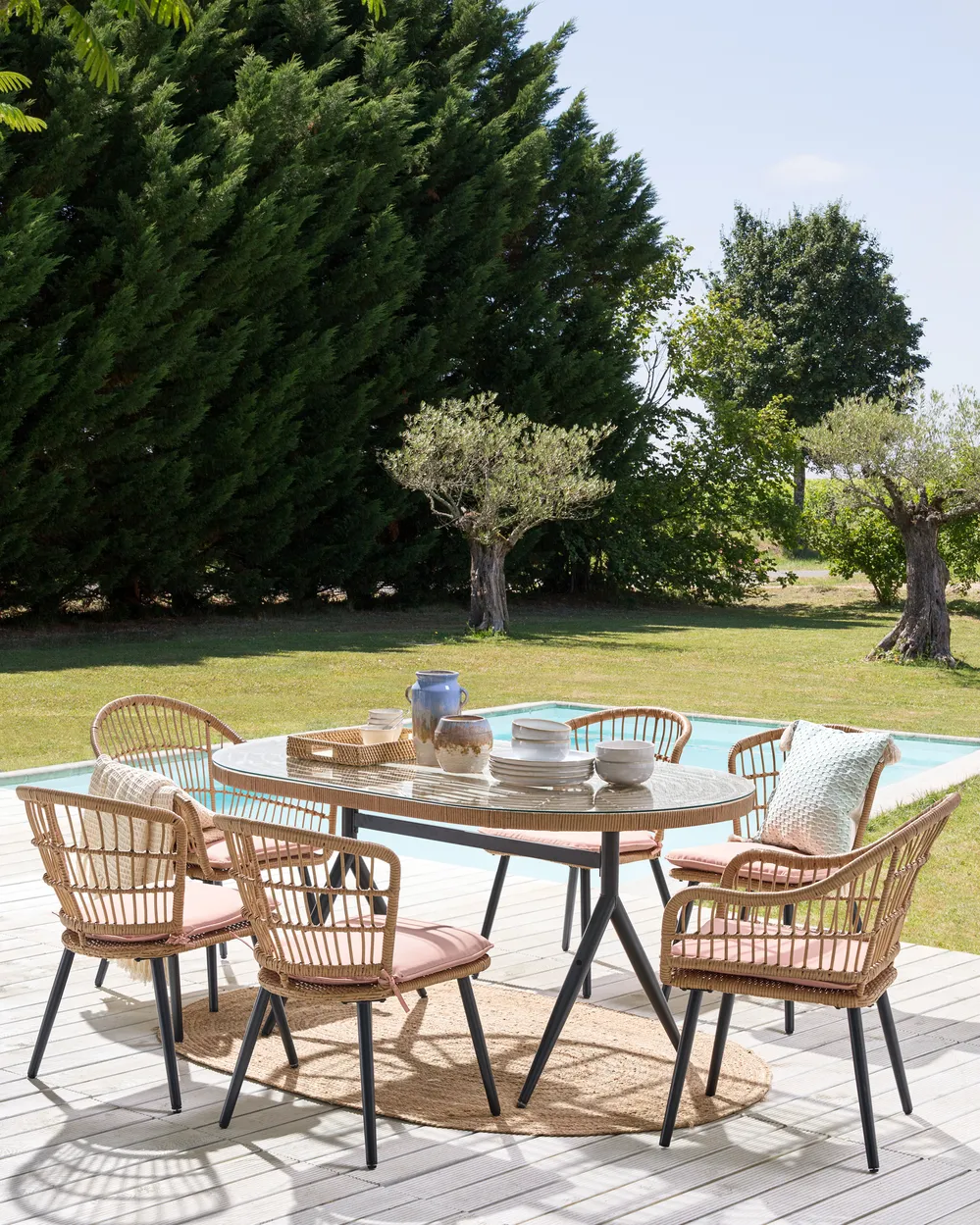 Gartenmöbel Set 6-Sitzer ALIANO inkl. Kissen Polyrattan Pastellrosa_851390