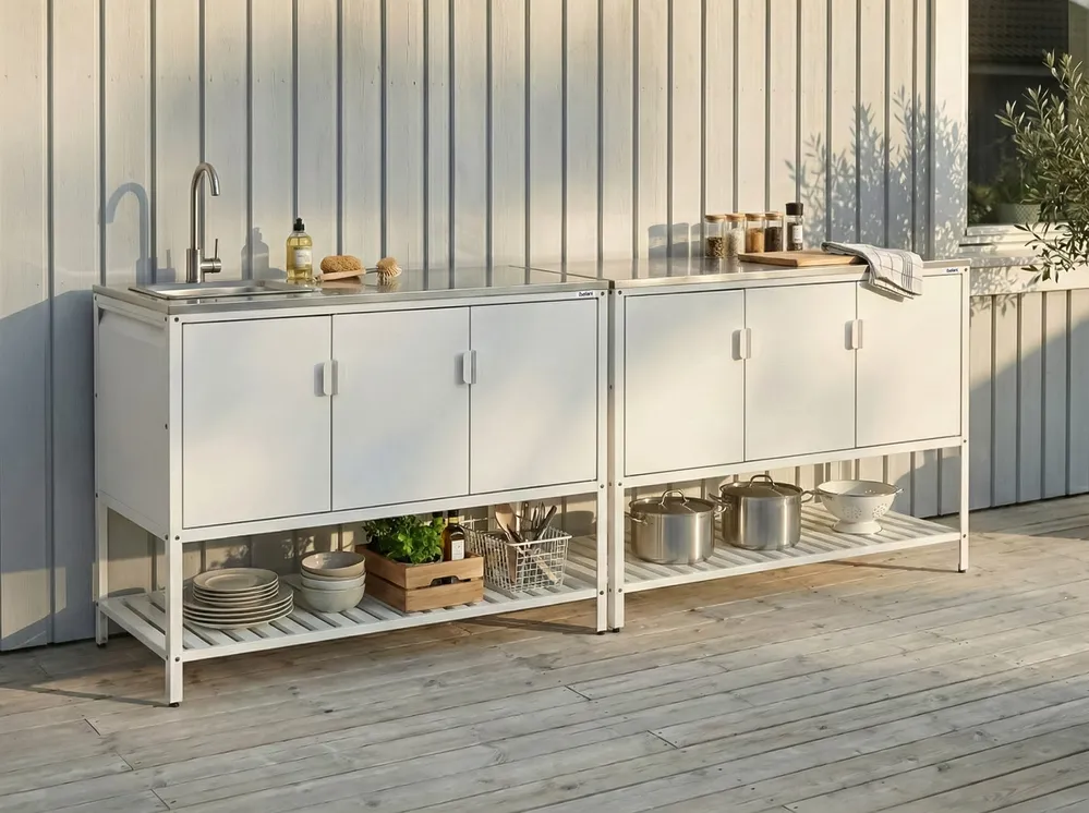 Outdoor-Küche 2er Set mit Spüle MAENZA Weiß Metall