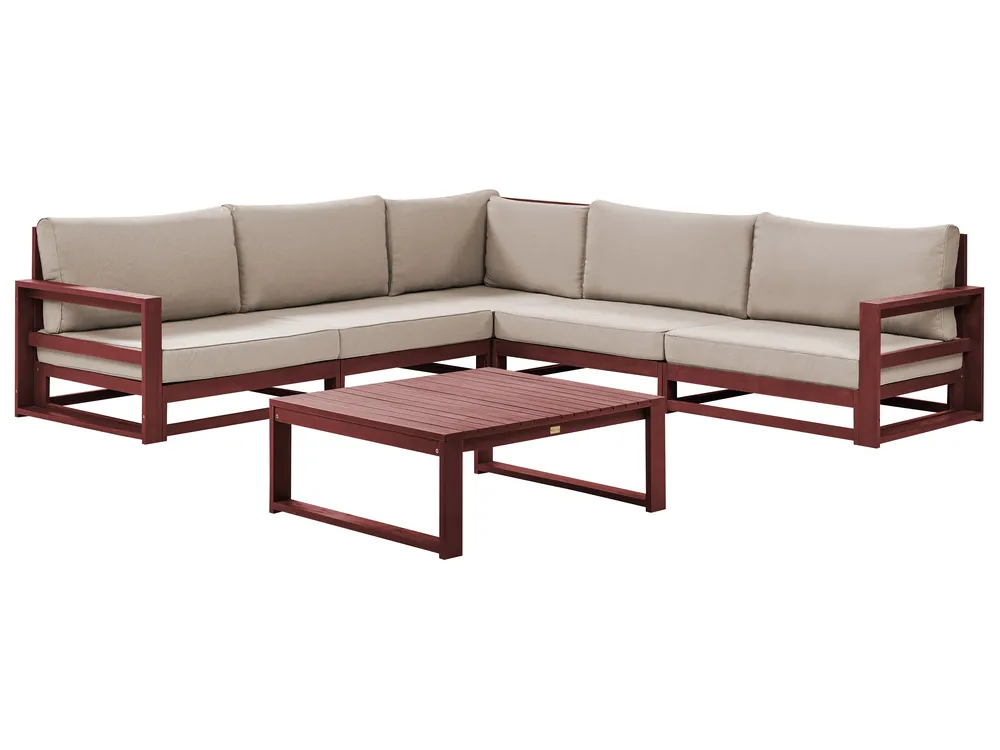 Garten Ecksofa mit Tisch 5-Sitzer TIMOR modular Akazienholz Dunkelrot Grau Beige