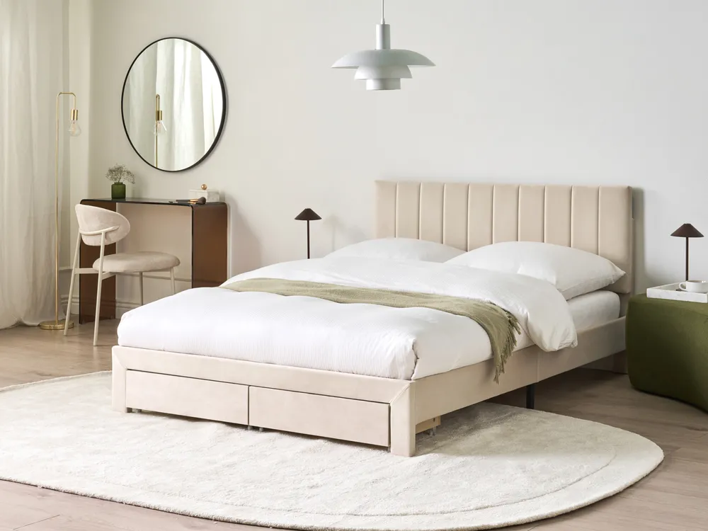 Bed with Storage Drawers LONZAC Velvet Beige 140 x 200 cm (EU Double)_1014627