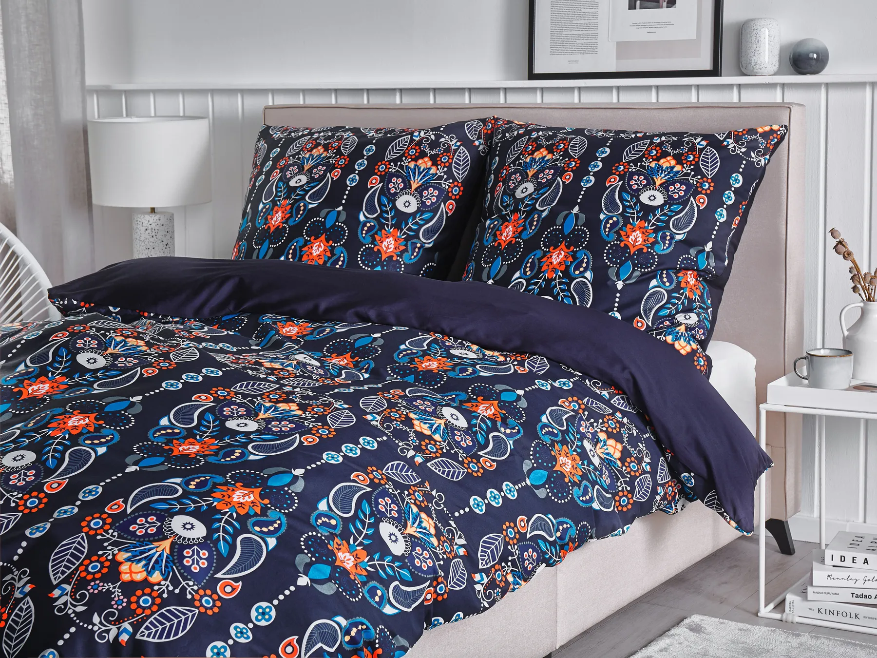 Bettwäsche-Set MADRONA 155 x 220 cm Baumwollsatin Dunkelblau_804793