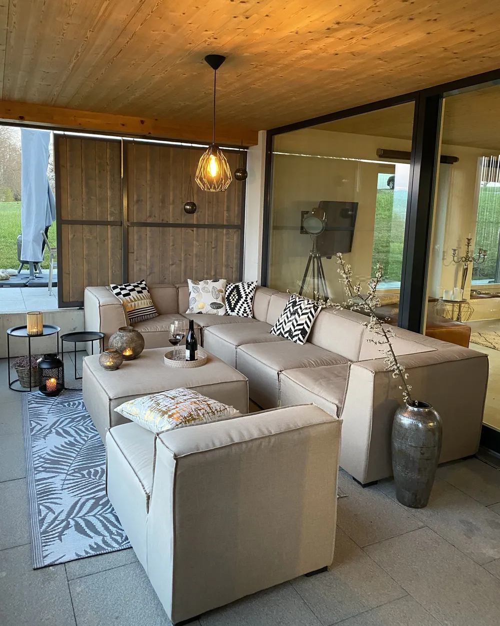 Garden Corner Sofa with Ottoman 7 Seater AREZZO Modular Beige Left Hand_802189