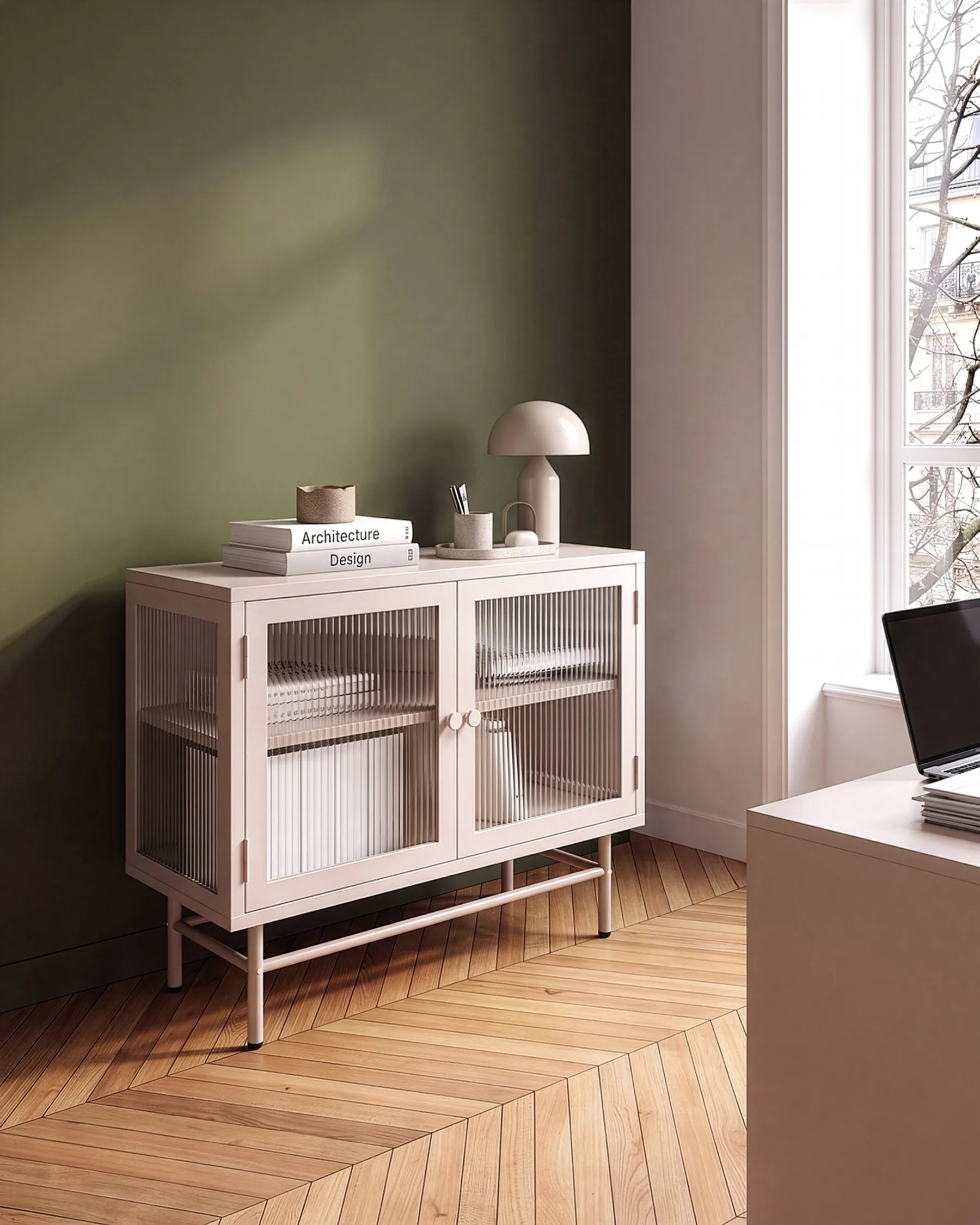 Sideboard mit Glastüren DEVON 77 cm Metall Beige_1113511