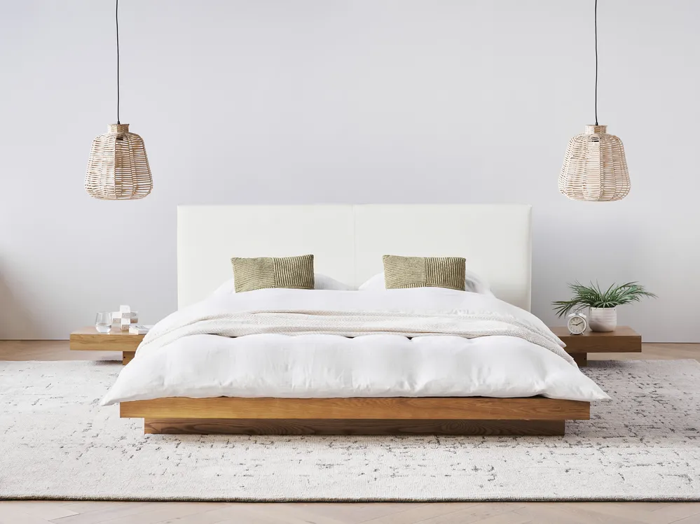 Bett mit LED Kunstleder ZEN 160 x 200 cm Naturfarbene Esche_941331