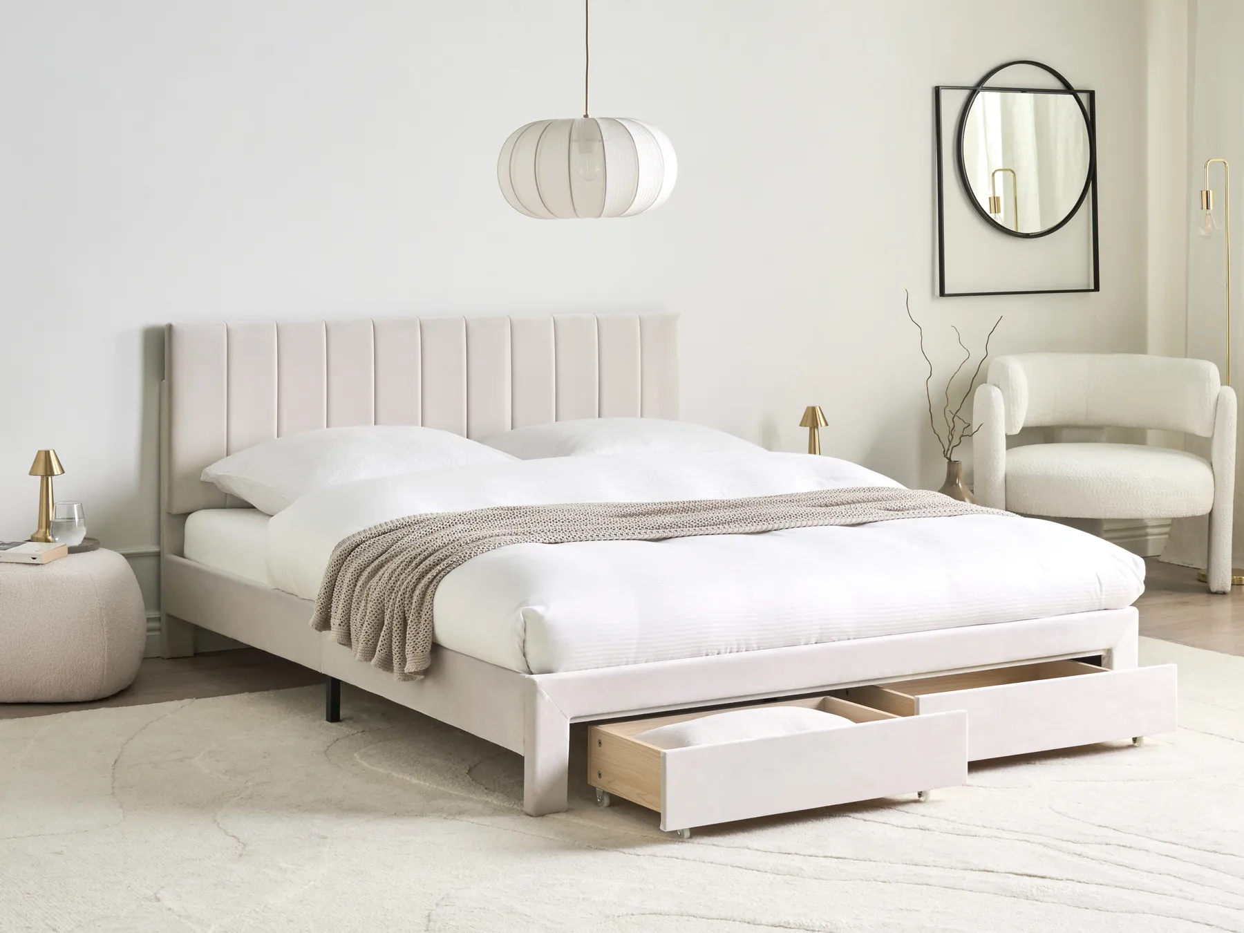 Bett mit Schubladen LONZAC Samtstoff Cremeweiß 160 x 200 cm_1014778