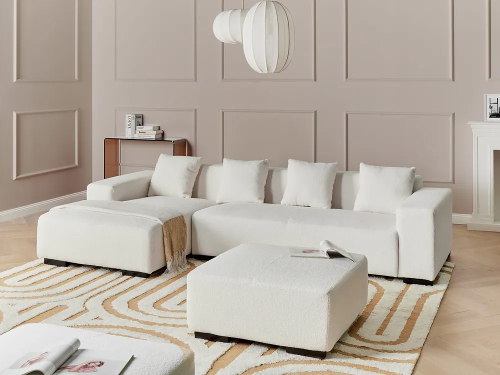 Ecksofa 4-Sitzer LUNGO mit Ottomane Bouclé Weiß rechtsseitig