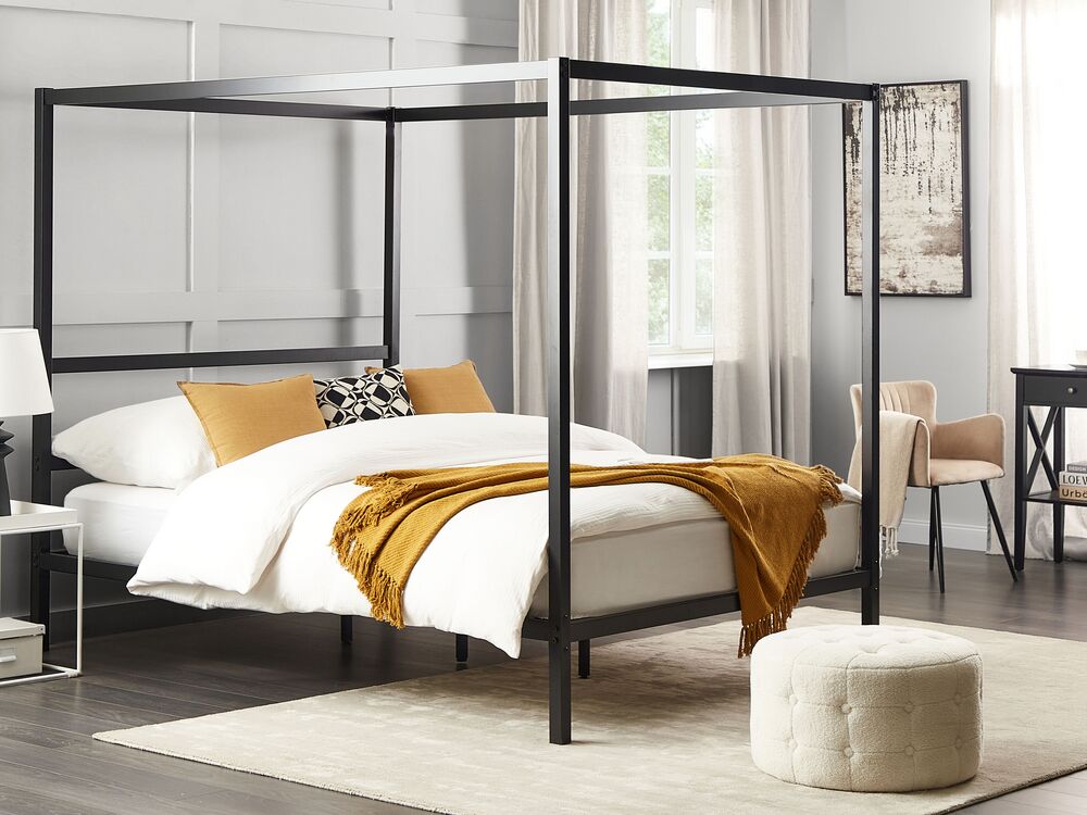 Four Poster Bed Metal LESTARDS 160 x 200 cm (EU King Size) Black
