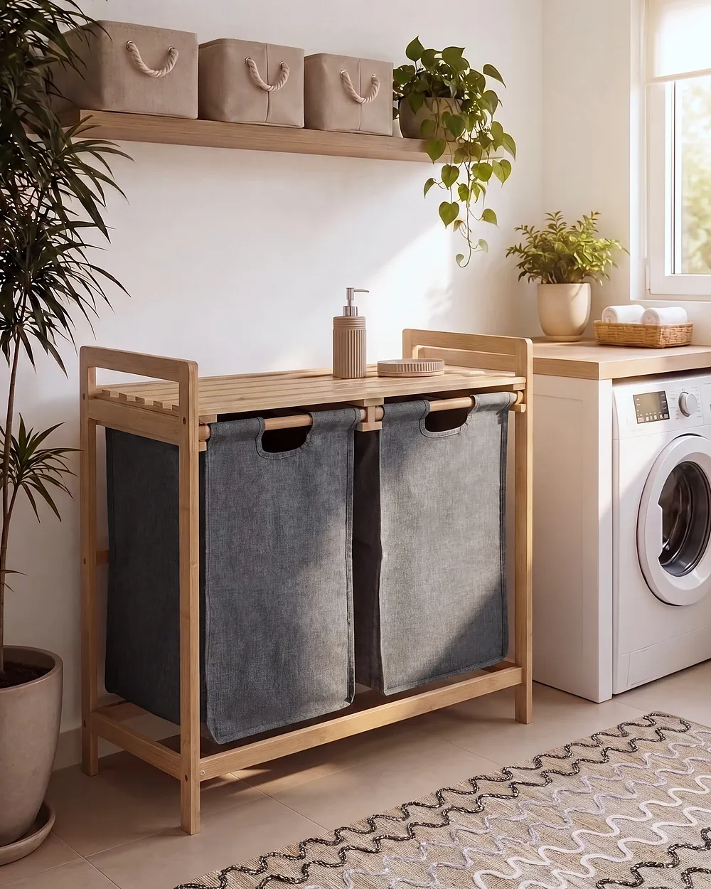 Set of 2 Laundry Baskets with Shelf AZUFRERA Bamboo Light Brown/ Grey 70 L