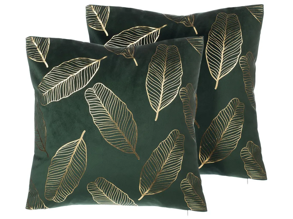 Dekokissen 2er Set FREESIA 45 x 45 cm Samtstoff Dunkelgrün Pflanzenmuster