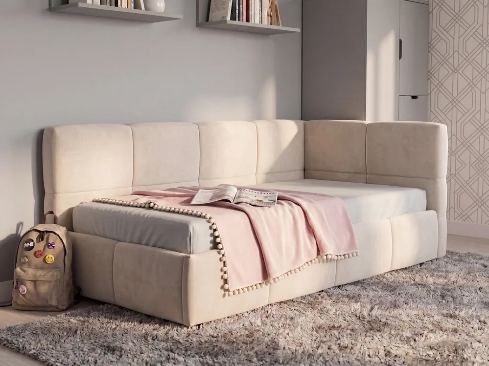 Tagesbett Stoff JACOU 90 x 200 cm mit Stauraum rechtsseitig Hellbeige