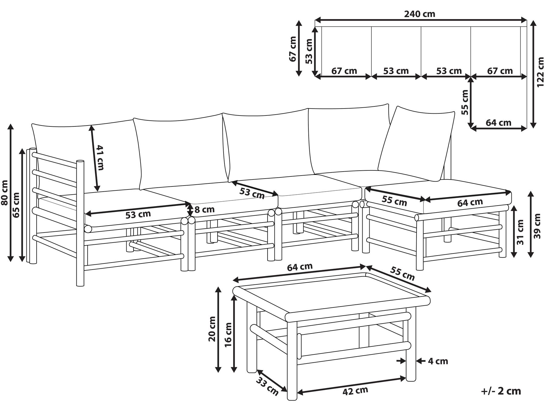 Garten Ecksofa mit Tisch 5-Sitzer CERRETO Bambus Cremeweiß linksseitig_909553