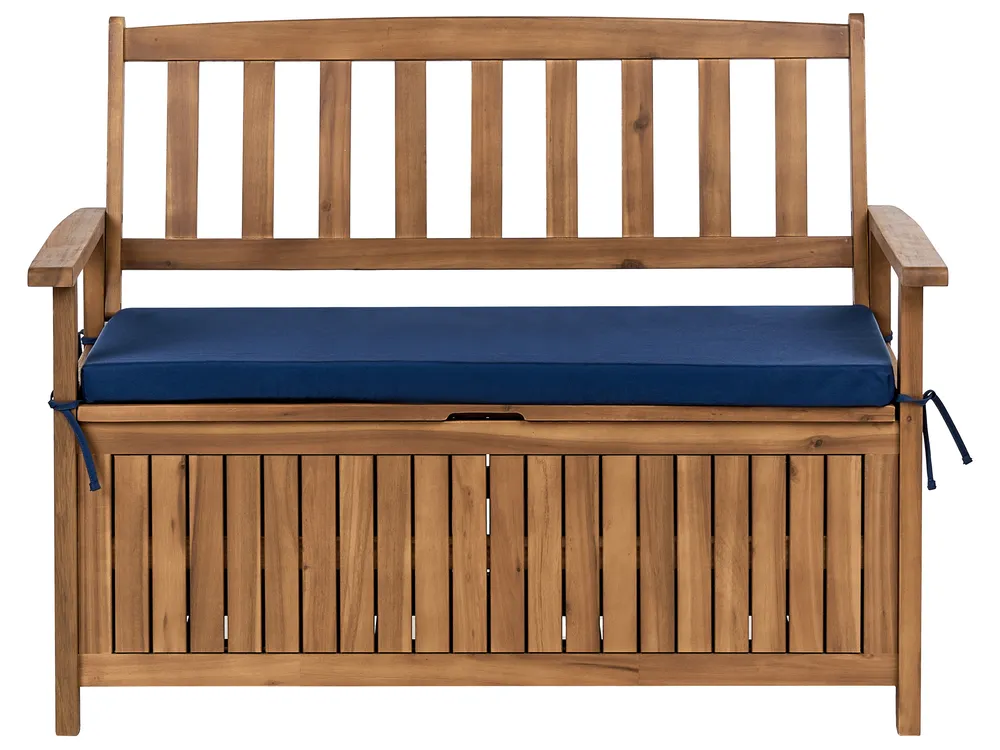 Gartenbank mit Auflage SOVANA 120 cm mit Stauraum Akazienholz Blau